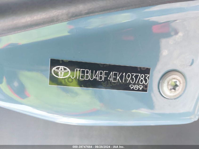 2014 Toyota Fj Cruiser VIN: JTEBU4BF4EK193783 Lot: 39747684