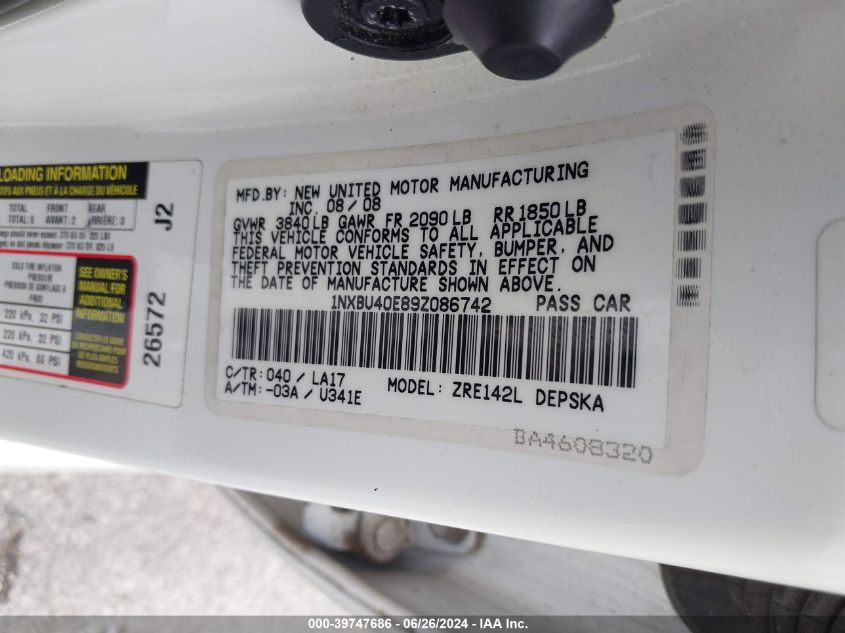 2009 Toyota Corolla S VIN: 1NXBU40E89Z086742 Lot: 39747686