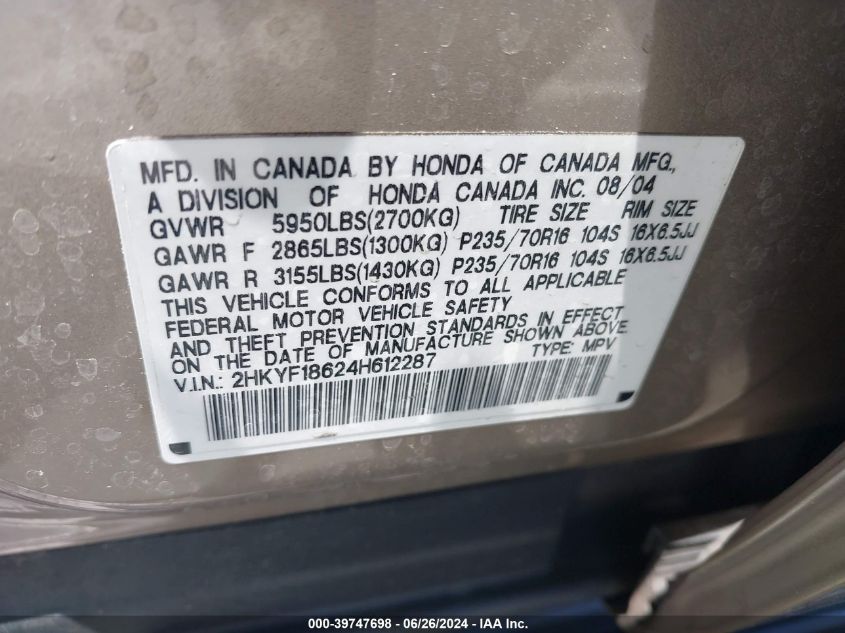 2004 Honda Pilot Ex-L VIN: 2HKYF18624H612287 Lot: 39747698