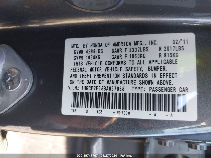 2011 Honda Accord Se VIN: 1HGCP2F68BA097088 Lot: 39747707