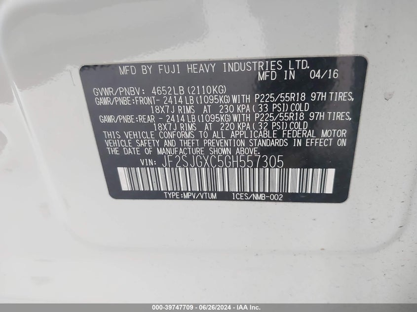 2016 Subaru Forester 2.0Xt Touring VIN: JF2SJGXC5GH557305 Lot: 39747709