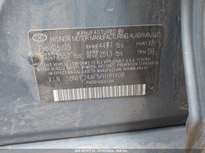 2015 Hyundai Sonata Se VIN: 5NPE24AF5FH181408 Lot: 39747714