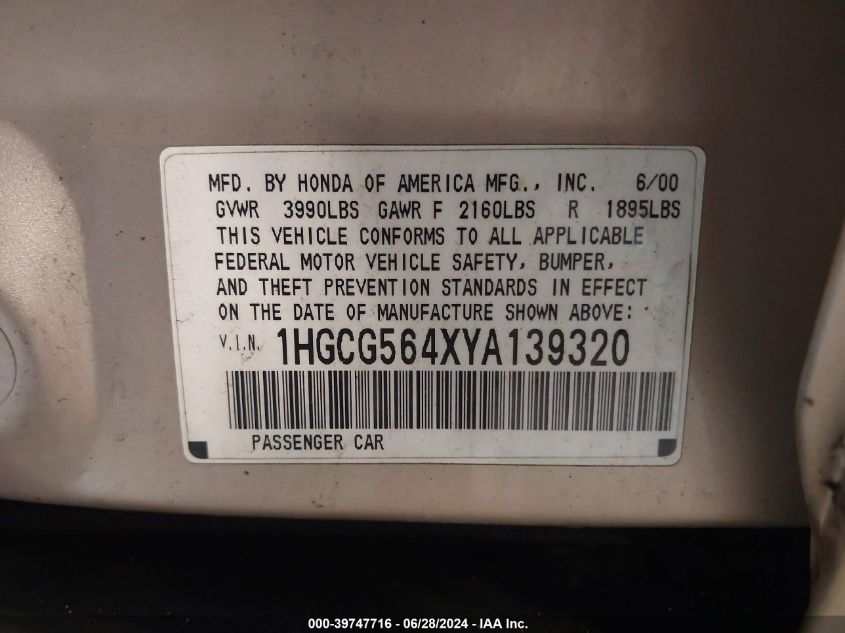 2000 Honda Accord 2.3 Lx VIN: 1HGCG564XYA139320 Lot: 39747716