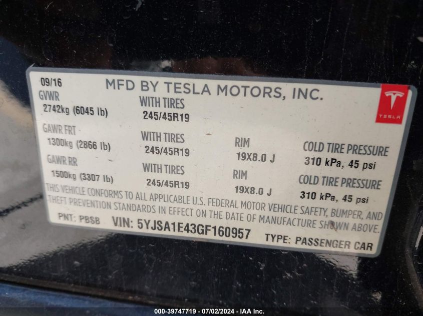 5YJSA1E43GF160957 2016 Tesla Model S