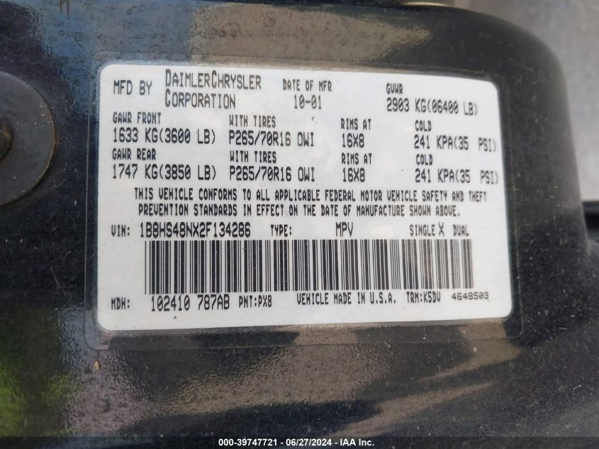 2002 Dodge Durango Slt VIN: 1B8HS48NX2F134286 Lot: 39747721