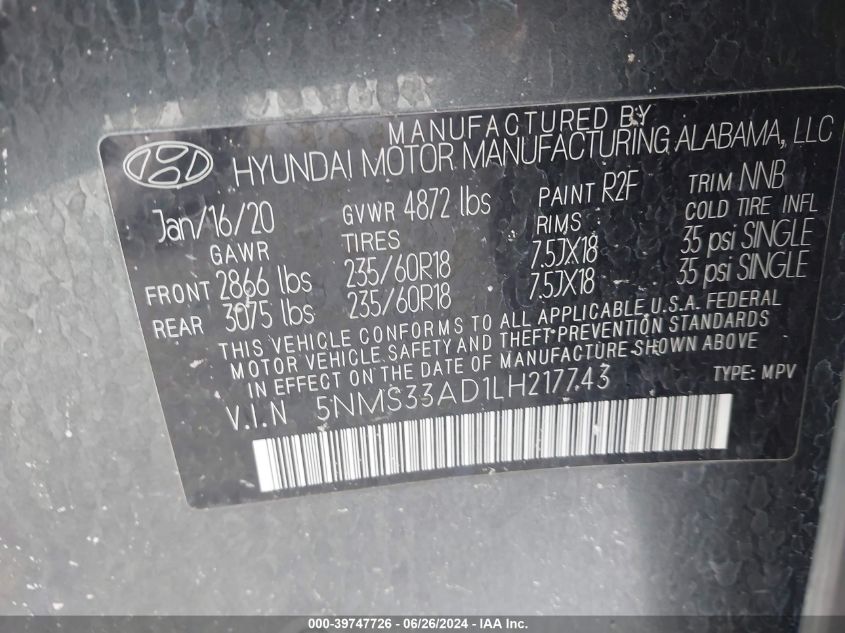 2020 Hyundai Santa Fe Sel/Sel Plus VIN: 5NMS33AD1LH217743 Lot: 39747726