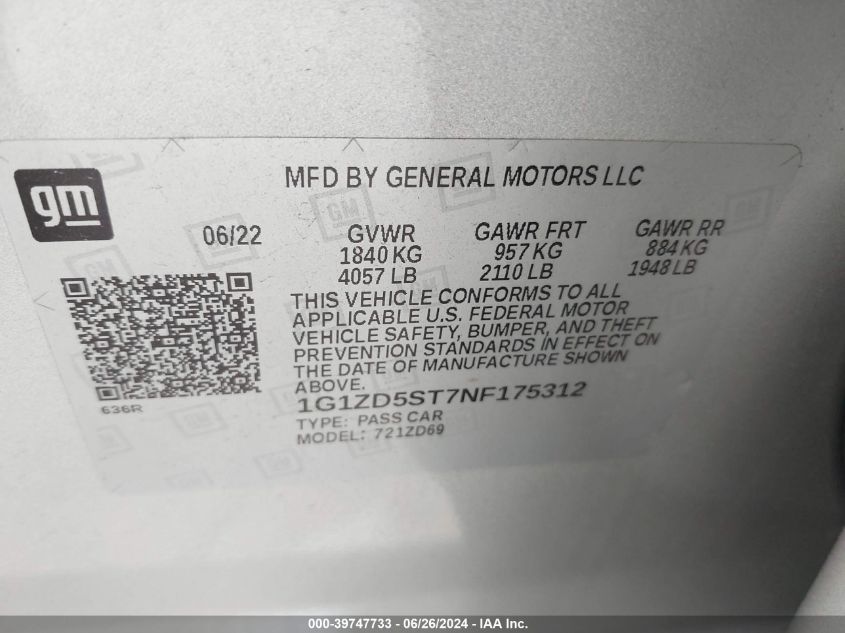 2022 Chevrolet Malibu Fwd Lt VIN: 1G1ZD5ST7NF175312 Lot: 39747733