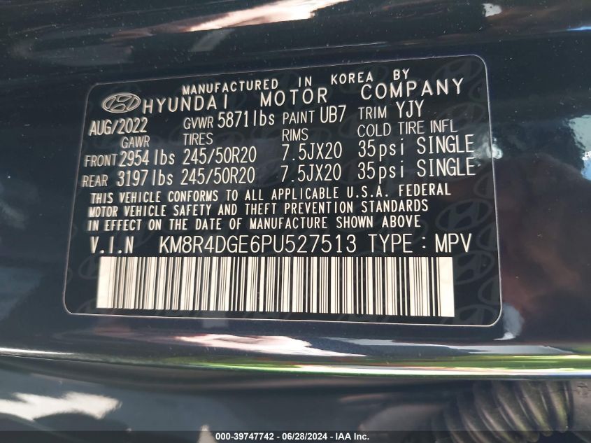 2023 Hyundai Palisade Sel Premium VIN: KM8R4DGE6PU527513 Lot: 39747742