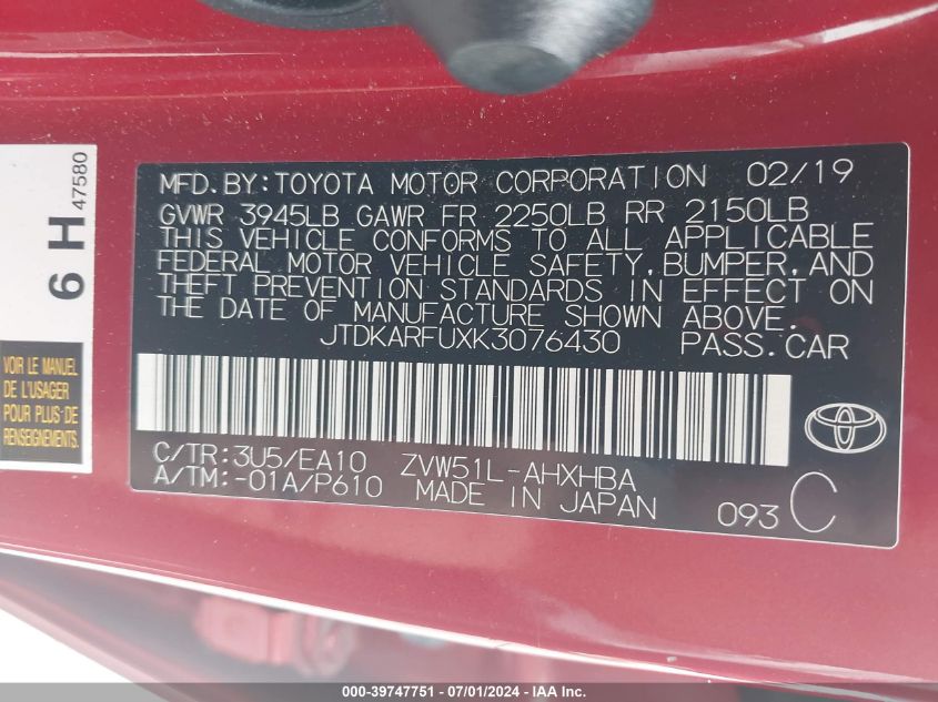 2019 Toyota Prius Xle VIN: JTDKARFUXK3076430 Lot: 39747751