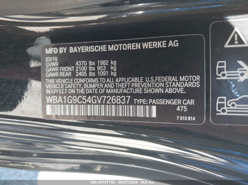 2016 BMW 228I xDrive VIN: WBA1G9C54GV726837 Lot: 39747754