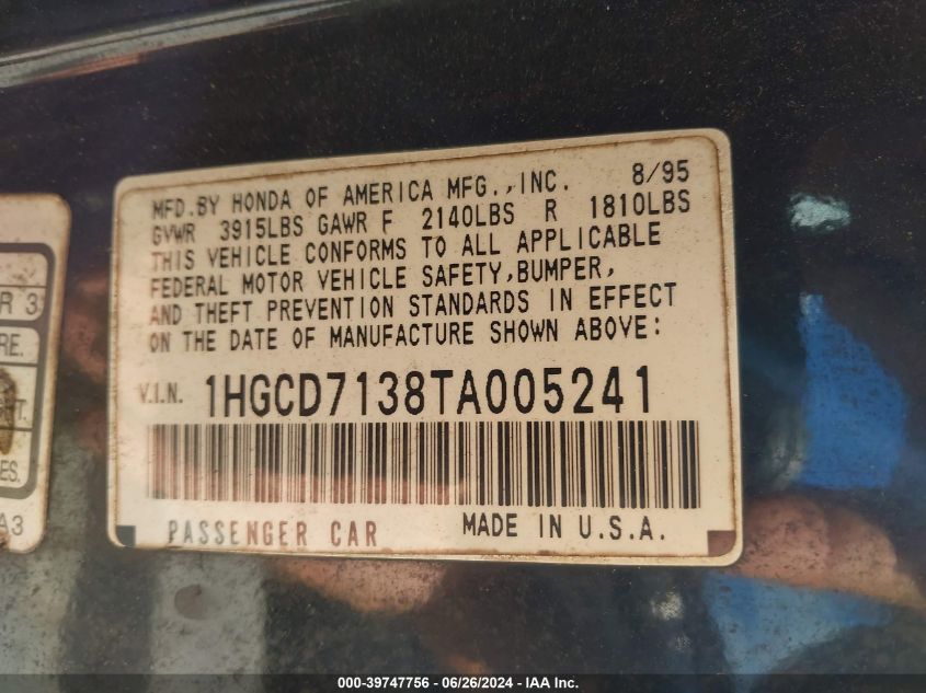 1996 Honda Accord Lx VIN: 1HGCD7138TA005241 Lot: 39747756