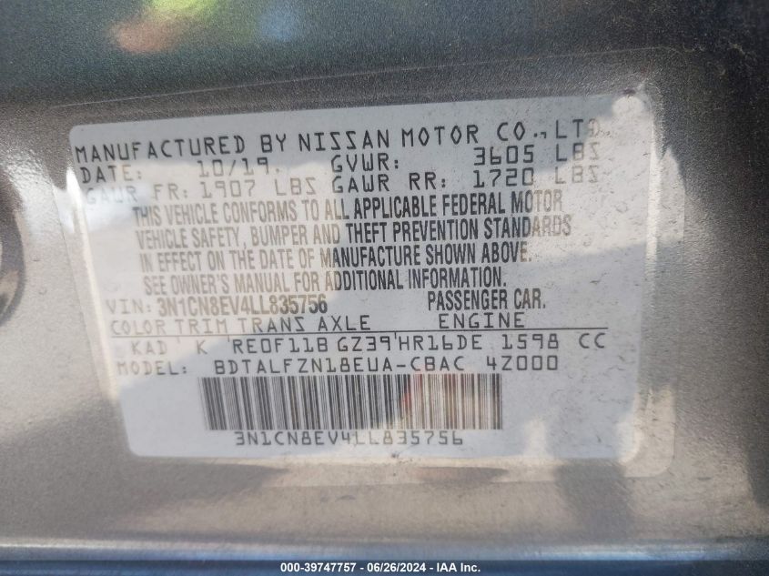 2020 Nissan Versa Sv VIN: 3N1CN8EV4LL835756 Lot: 39747757