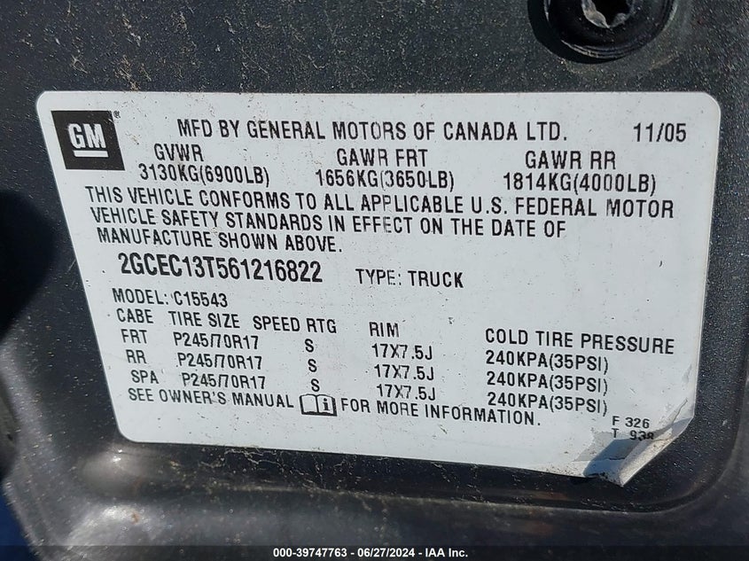 2006 Chevrolet Silverado 1500 C1500 VIN: 2GCEC13T561216822 Lot: 39747763