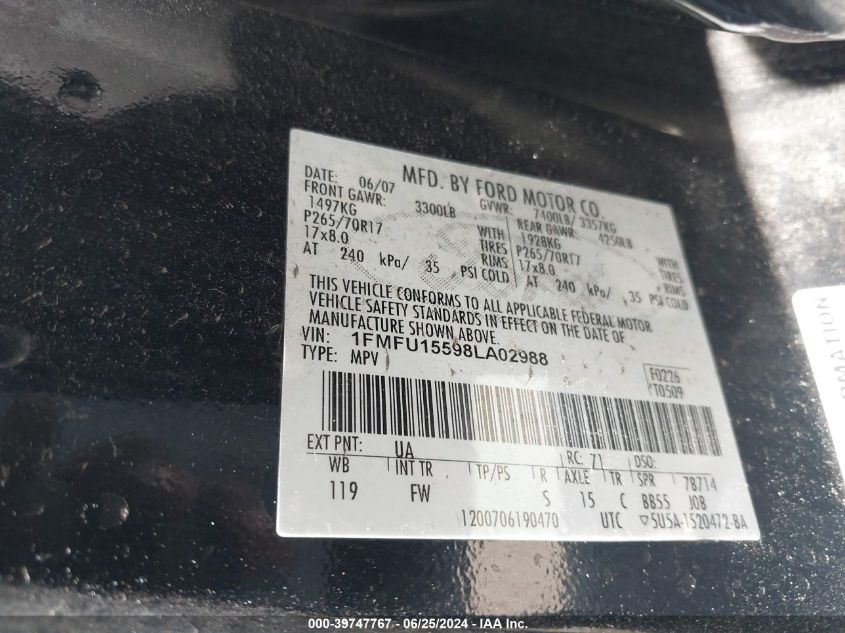 2008 Ford Expedition Xlt VIN: 1FMFU15598LA02988 Lot: 39747767