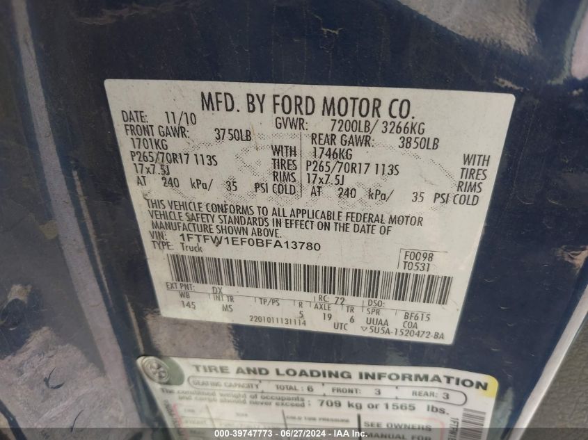 2011 Ford F-150 Xlt VIN: 1FTFW1EF0BFA13780 Lot: 39747773