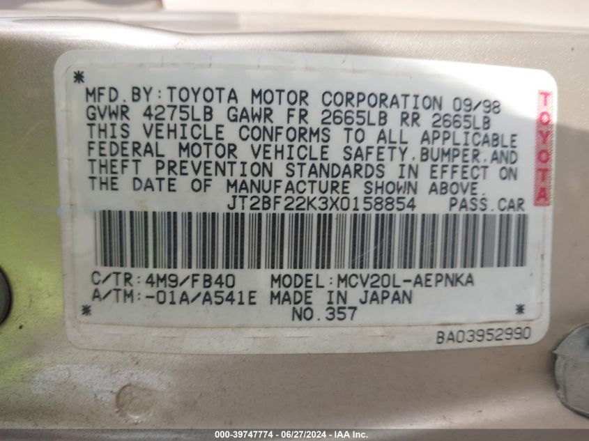 1999 Toyota Camry Le V6 VIN: JT2BF22K3X0158854 Lot: 39747774