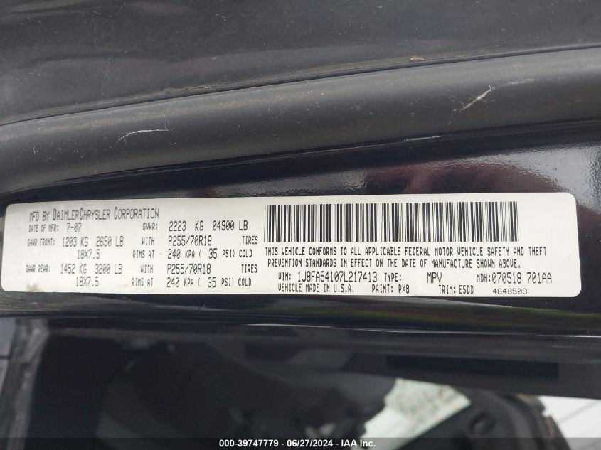 2007 Jeep Wrangler Sahara VIN: 1J8FA54107L217413 Lot: 39747779