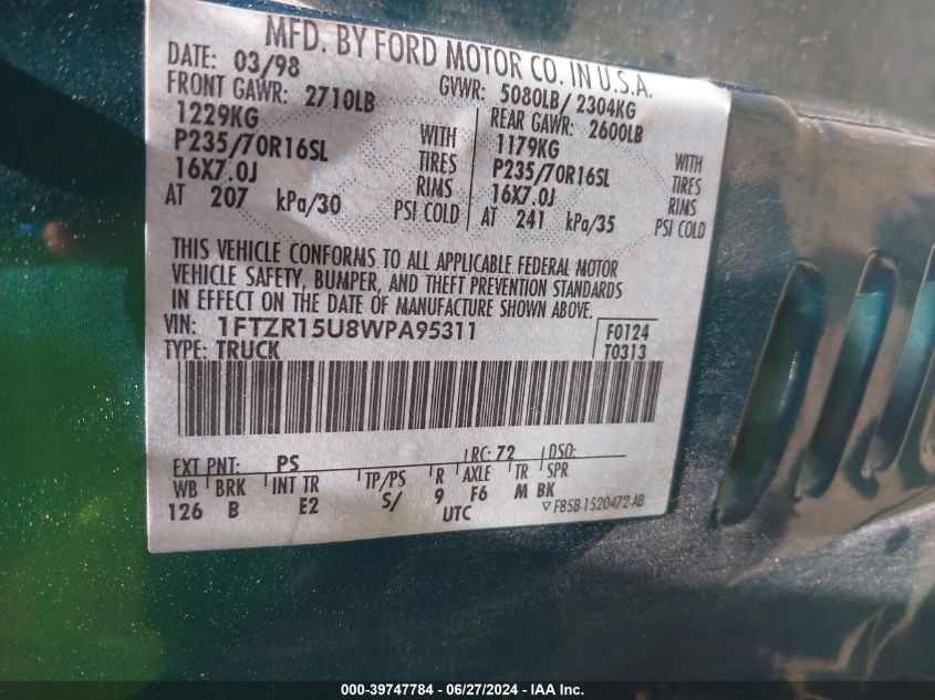 1998 Ford Ranger Splash/Xl/Xlt VIN: 1FTZR15U8WPA95311 Lot: 39747784