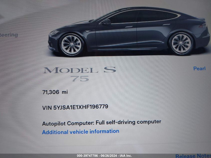 2017 Tesla Model S 60/75 VIN: 5YJSA1E1XHF196779 Lot: 39747786