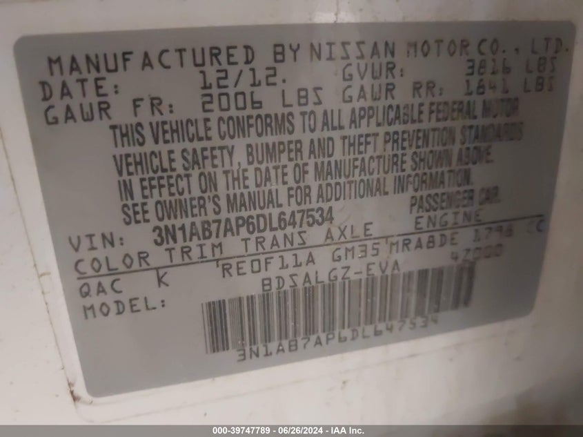 2013 Nissan Sentra Sl VIN: 3N1AB7AP6DL647534 Lot: 39747789