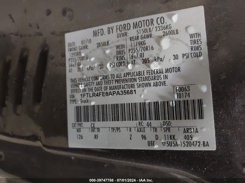 2010 Ford Ranger Sport/Xlt VIN: 1FTLR4FE6APA35681 Lot: 39747788