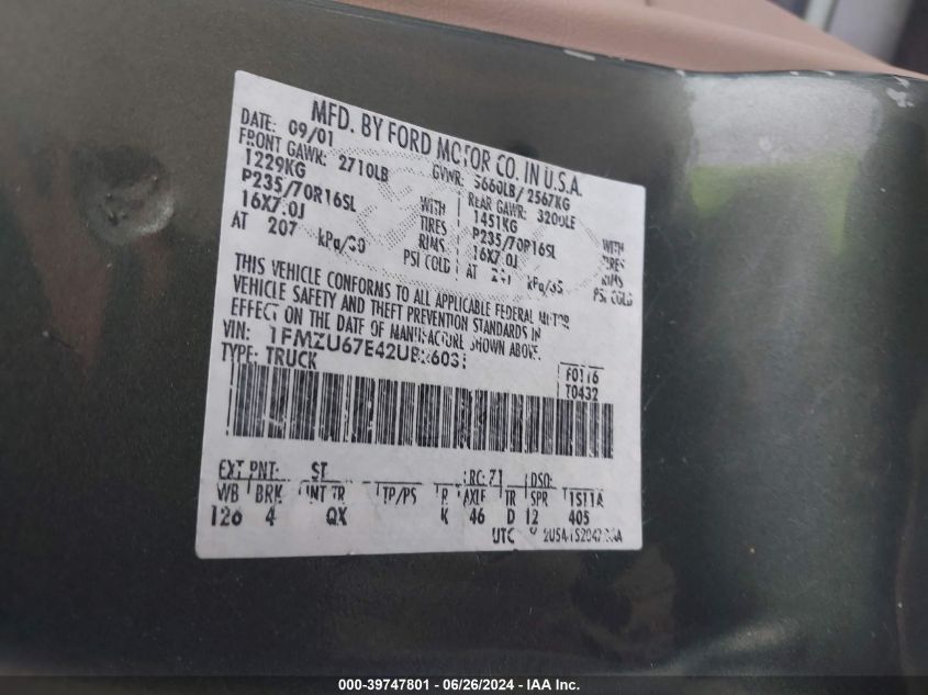 2002 Ford Explorer Sport Trac VIN: 1FMZU67E42UB26031 Lot: 39747801