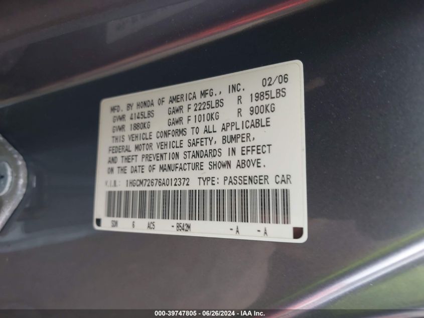 2006 Honda Accord 2.4 Ex VIN: 1HGCM72676A012372 Lot: 39747805