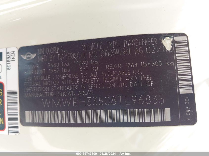 2008 Mini Cooper S VIN: WMWRH33508TL96835 Lot: 39747809