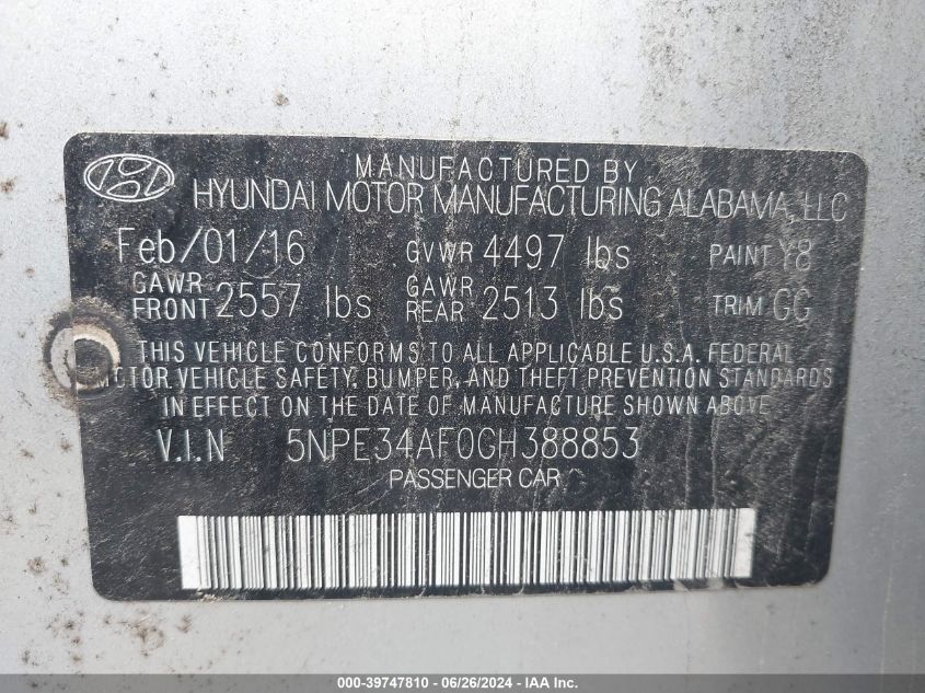 2016 Hyundai Sonata Sport VIN: 5NPE34AF0GH388853 Lot: 39747810