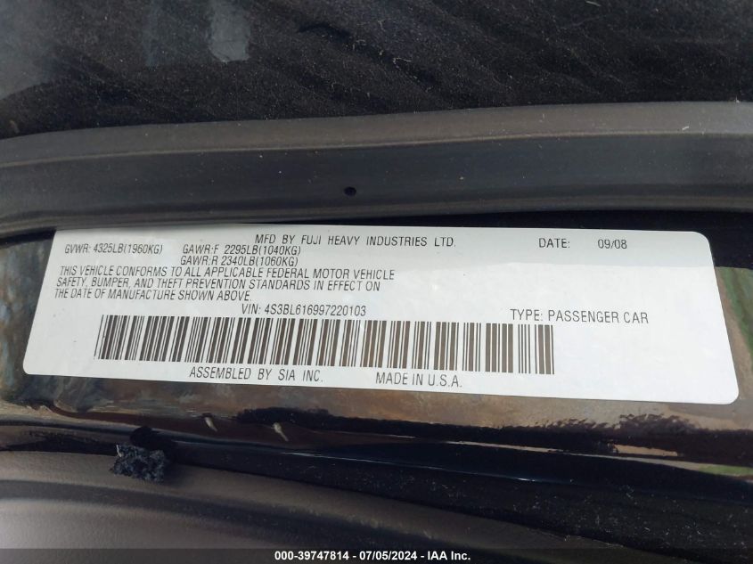 2009 Subaru Legacy 2.5I VIN: 4S3BL616997220103 Lot: 39747814