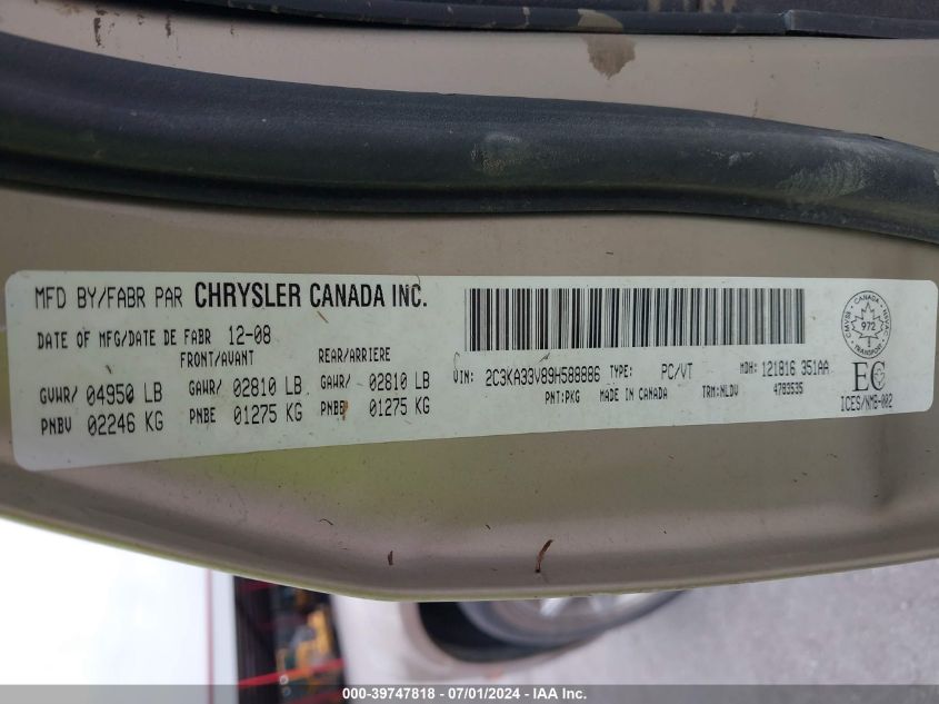 2009 Chrysler 300 Limited VIN: 2C3KA33V89H588886 Lot: 39747818