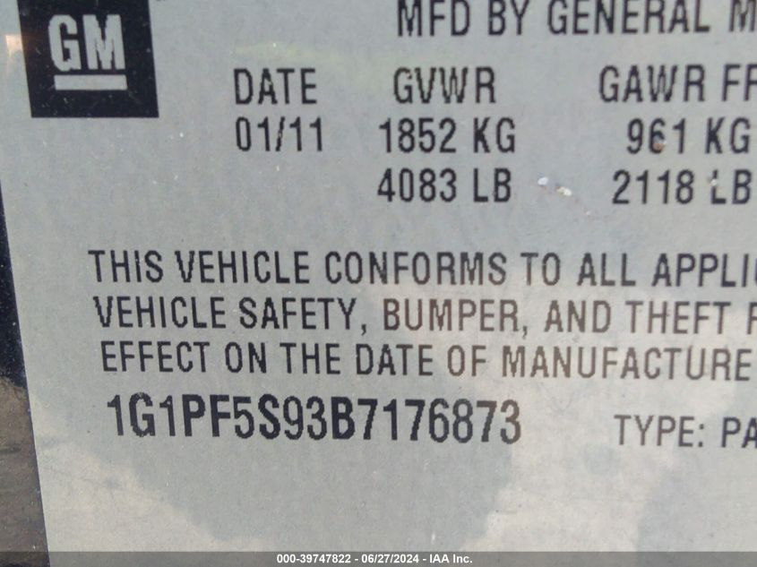 2011 Chevrolet Cruze 1Lt VIN: 1G1PF5S93B7176873 Lot: 39747822