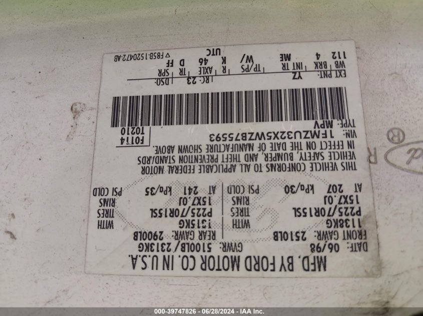 1998 Ford Explorer Eddie Bauer/Limited/Xl/Xlt VIN: 1FMZU32X5WZB75593 Lot: 39747826