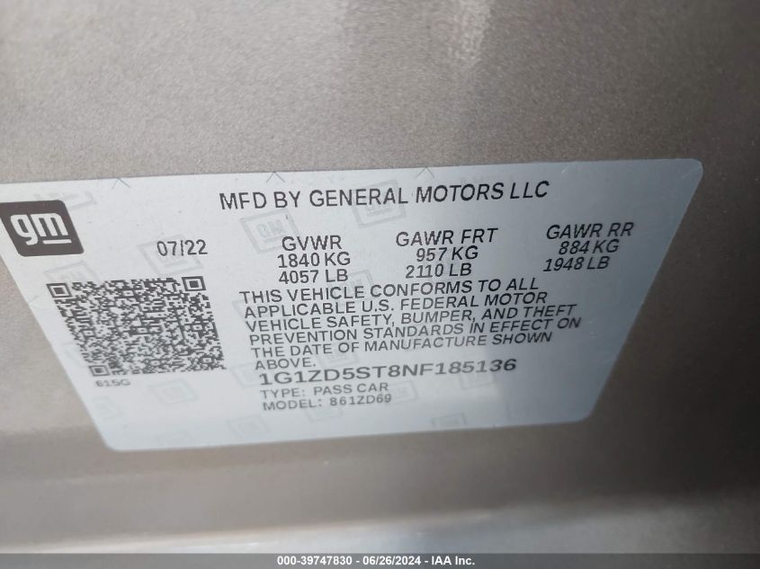 1G1ZD5ST8NF185136 | 2022 CHEVROLET MALIBU