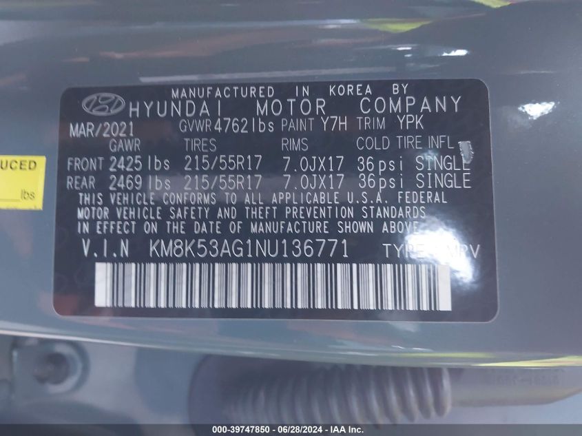 2022 Hyundai Kona Electric Limited VIN: KM8K53AG1NU136771 Lot: 39747850