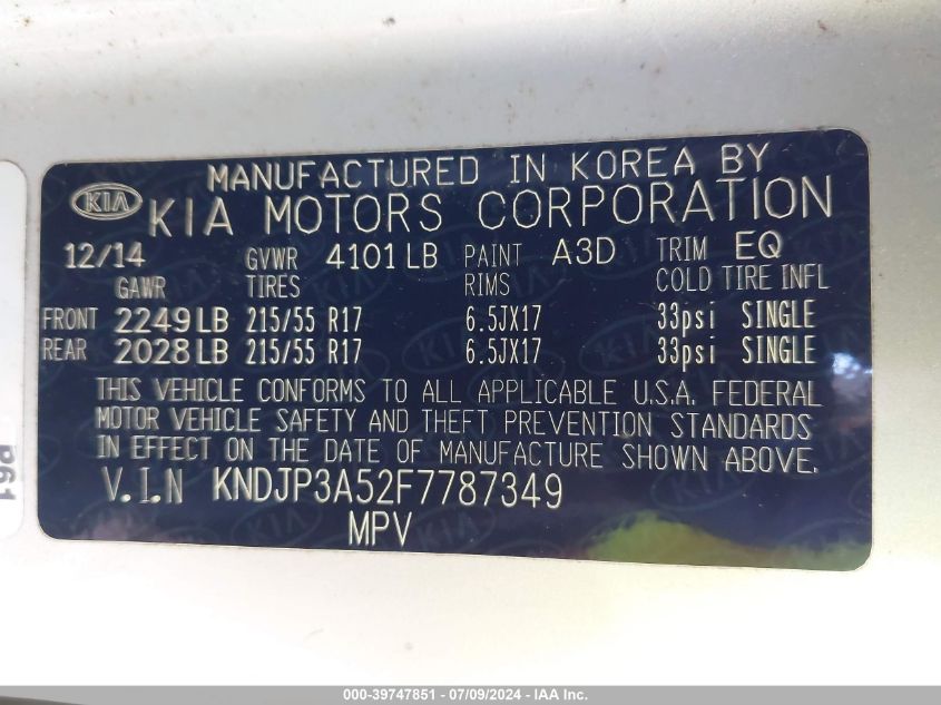 2015 Kia Soul + VIN: KNDJP3A52F7787349 Lot: 39747851