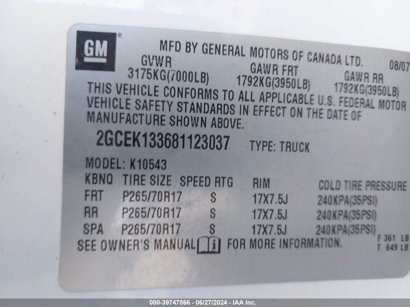 2008 Chevrolet Silverado 1500 Lt1 VIN: 2GCEK133681123037 Lot: 39747866