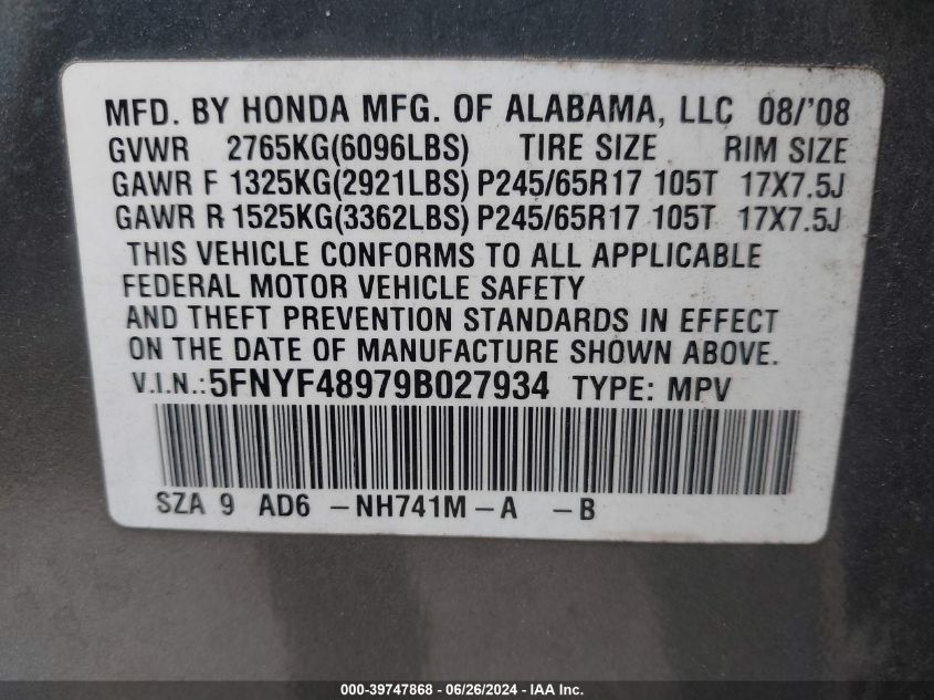 2009 Honda Pilot Touring VIN: 5FNYF48979B027934 Lot: 39747868