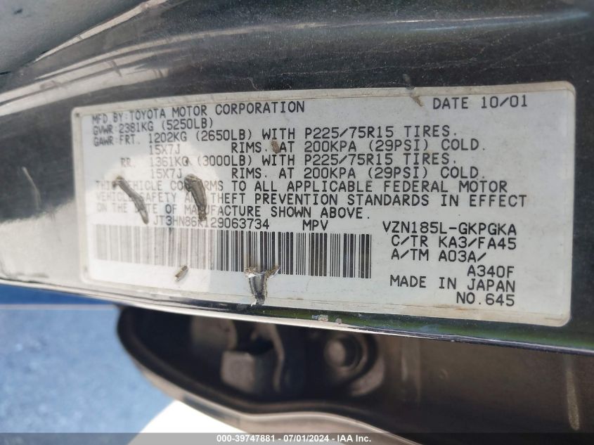 2002 Toyota 4Runner Sr5 V6 VIN: JT3HN86R129063734 Lot: 39747881