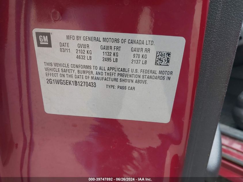 2011 Chevrolet Impala Lt VIN: 2G1WG5EK1B1270433 Lot: 39747892