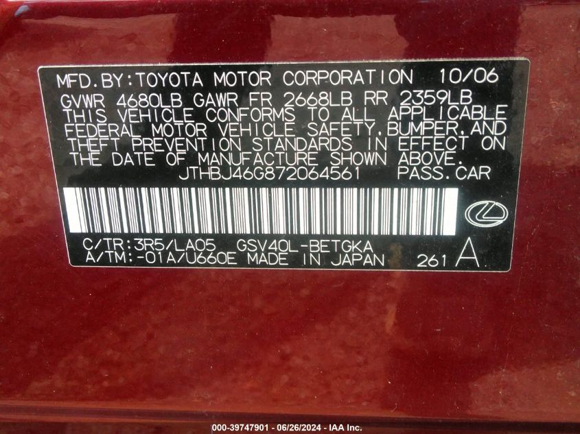 2007 Lexus Es 350 VIN: JTHBJ46G872064561 Lot: 39747901