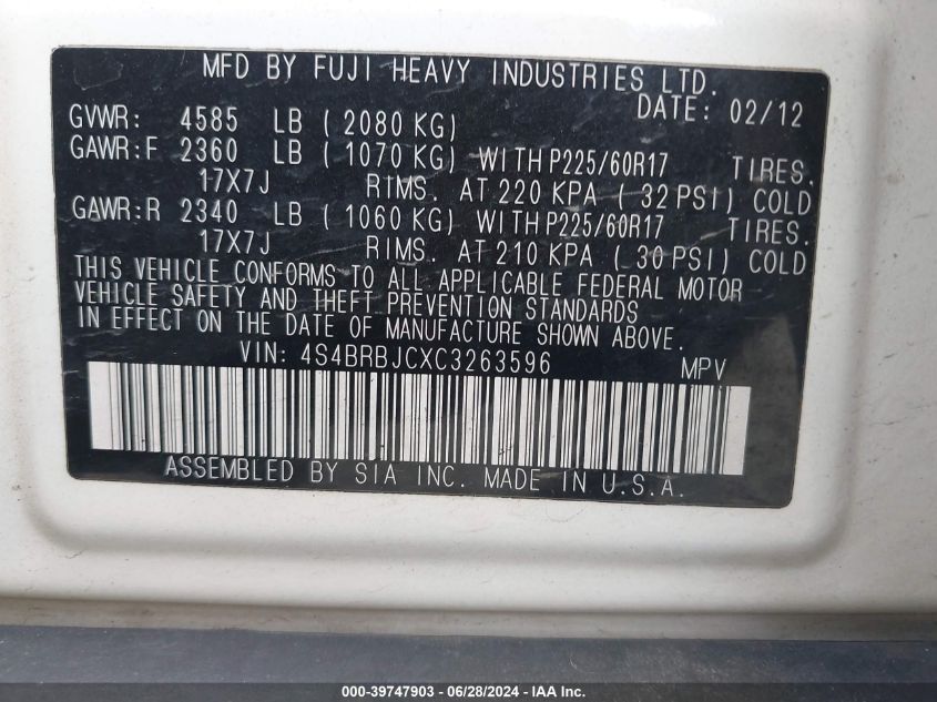 2012 Subaru Outback 2.5I Limited VIN: 4S4BRBJCXC3263596 Lot: 39747903