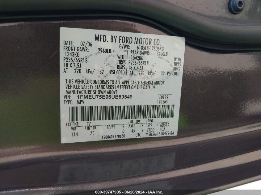 2006 Ford Explorer Limited VIN: 1FMEU75E96UB69549 Lot: 39747905