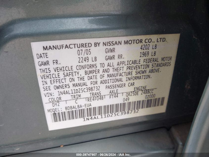 2005 Nissan Altima 2.5 S VIN: 1N4AL11D25C398732 Lot: 39747907