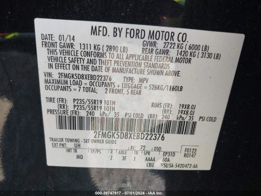 2014 Ford Flex Limited VIN: 2FMGK5D8XEBD22376 Lot: 39747917