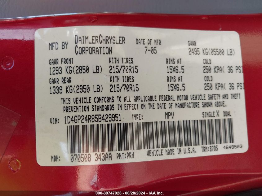 2005 Dodge Grand Caravan Se VIN: 1D4GP24R85B429951 Lot: 39747925
