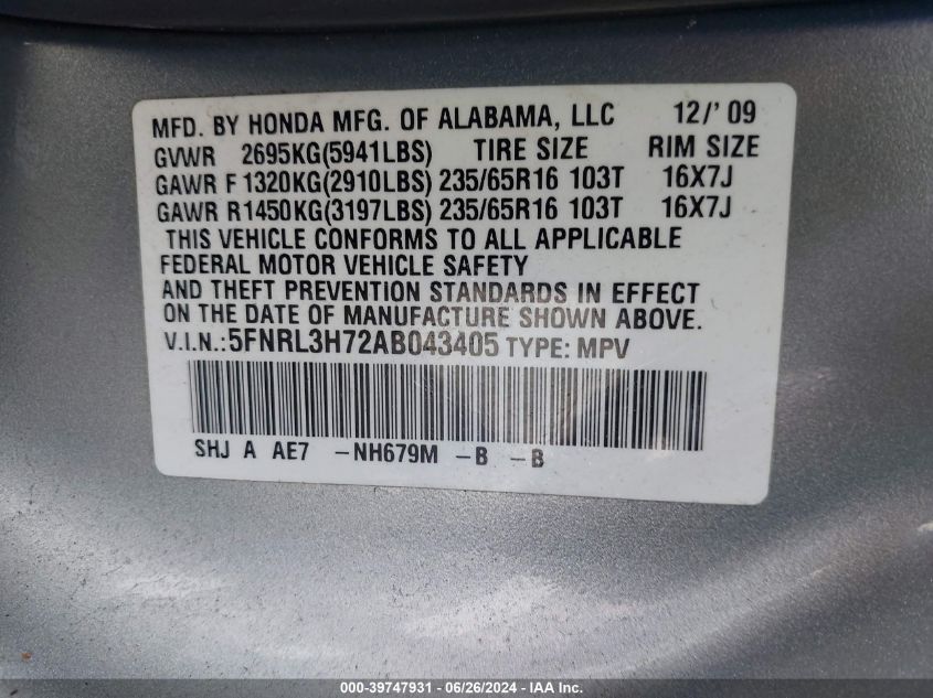 2010 Honda Odyssey Ex-L VIN: 5FNRL3H72AB043405 Lot: 39747931