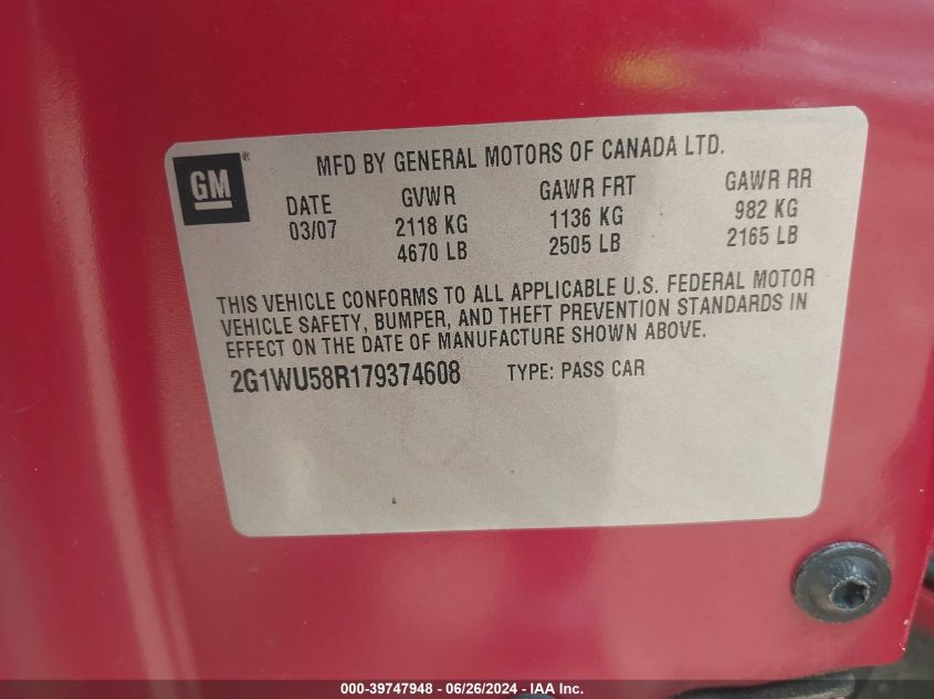 2007 Chevrolet Impala Ltz VIN: 2G1WU58R179374608 Lot: 39747948