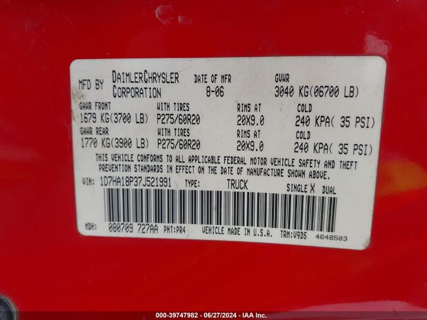 2007 Dodge Ram 1500 St/Slt VIN: 1D7HA18P37J521991 Lot: 39747982