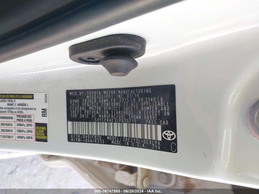 VIN 5YFEPRAE3LP035710 2020 TOYOTA COROLLA LE